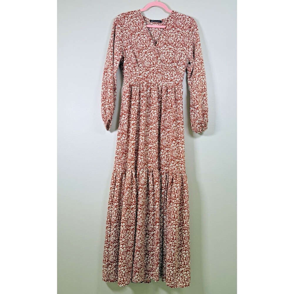 L'olive verte Women's Floral V-Neck Maxi Dress Long Sleeve  - S